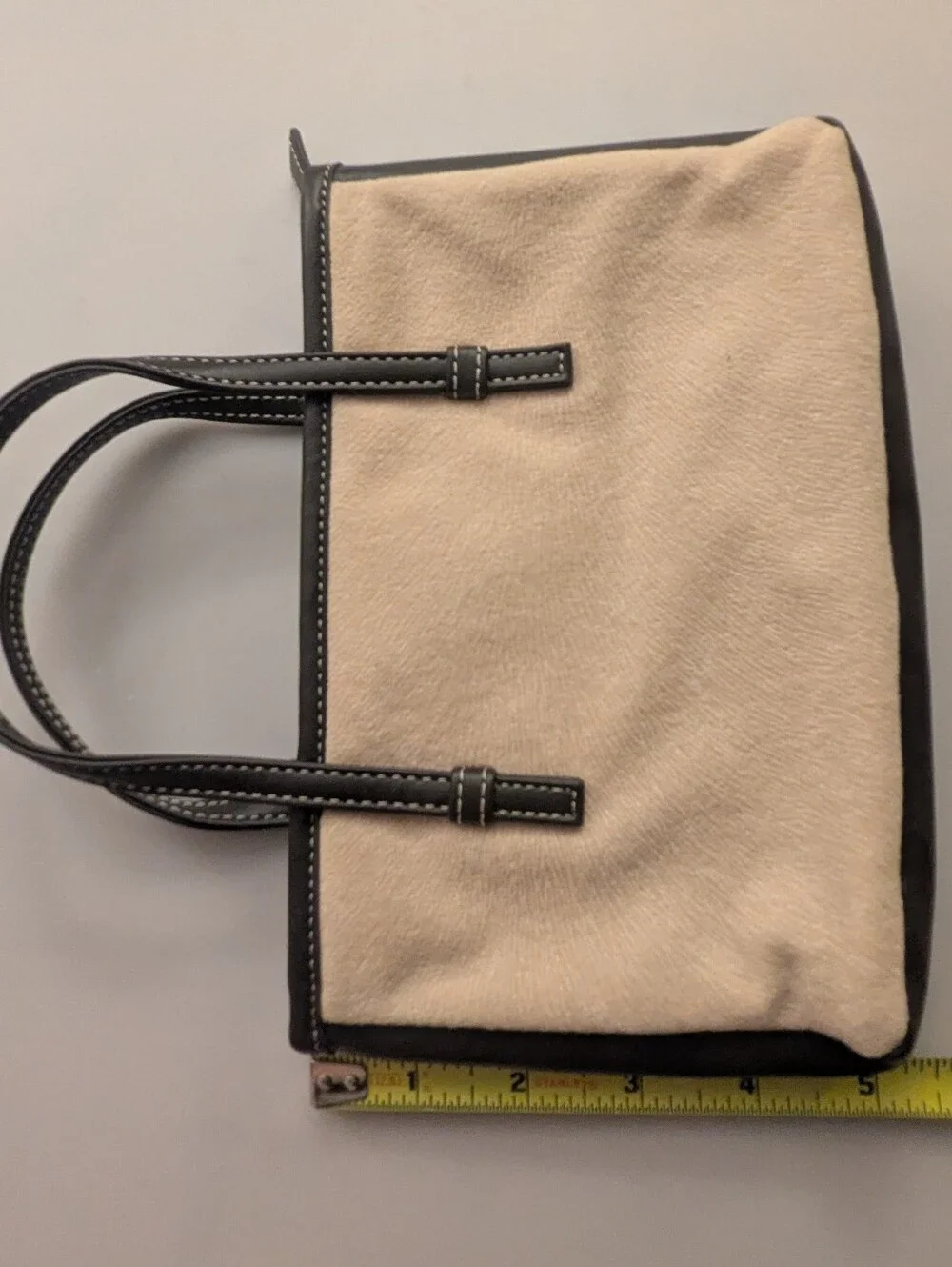 Lancome Beige Brushed Felt Brown Leather Trim Lined Zippered Clutch Tote 8.5